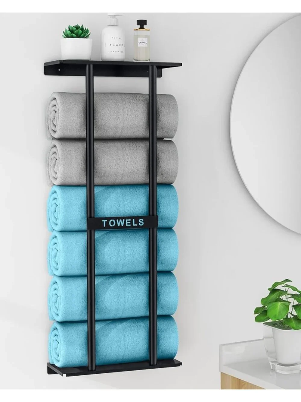 New 30 inch Black Wall Mounted Towel Rack with Shelf Holds 6 Towels Bathroom